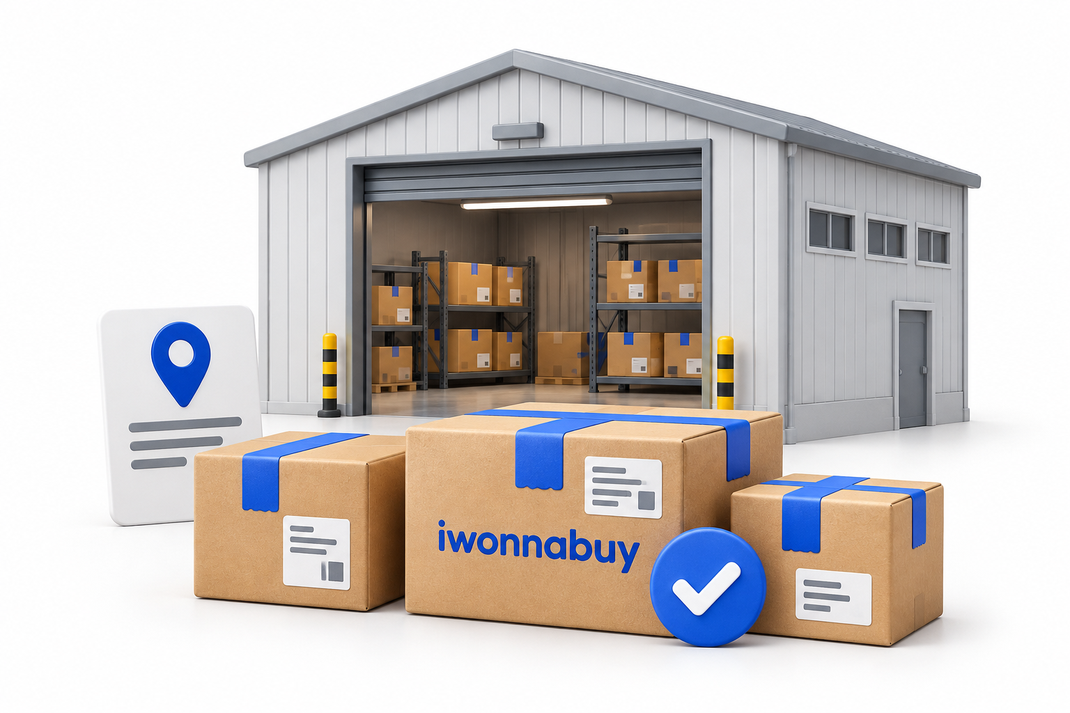 A warehouse receiving shopping parcels, with an address label and arrival confirmation checkmark